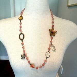 Victorian pink gemstone beads necklace with charms